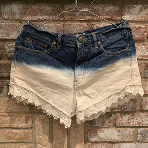 Free People: Blue & Cream Denim Shorts - Size 28